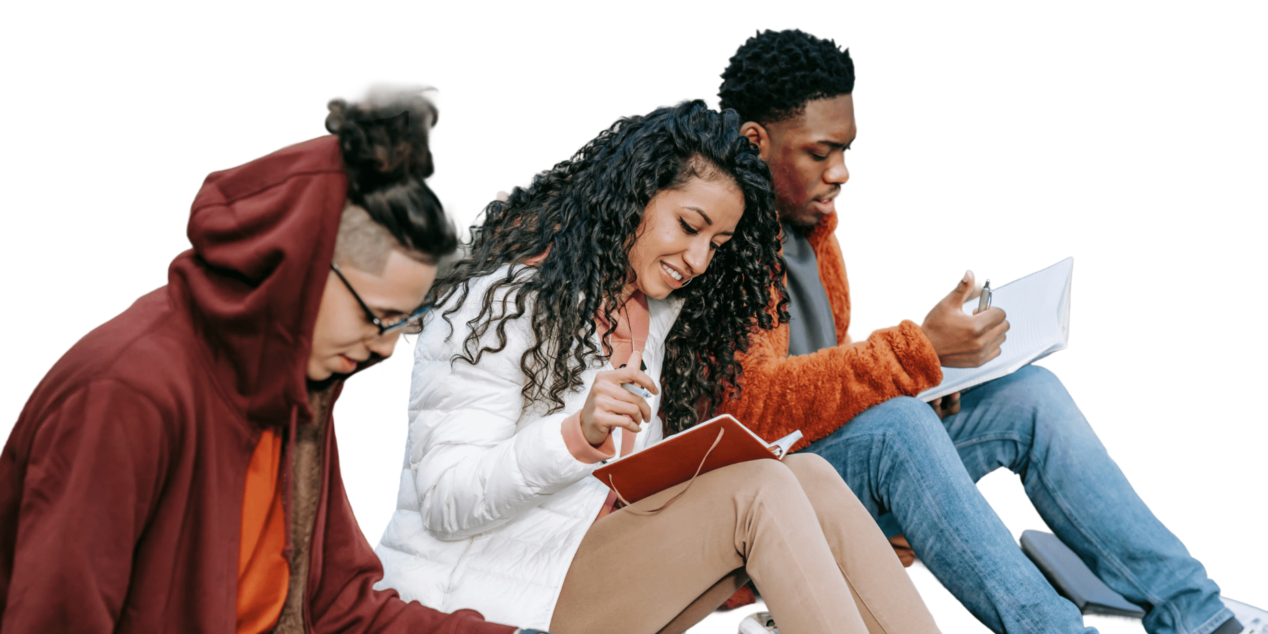 Three adults performing activities, suggesting wellness, focus, and learning